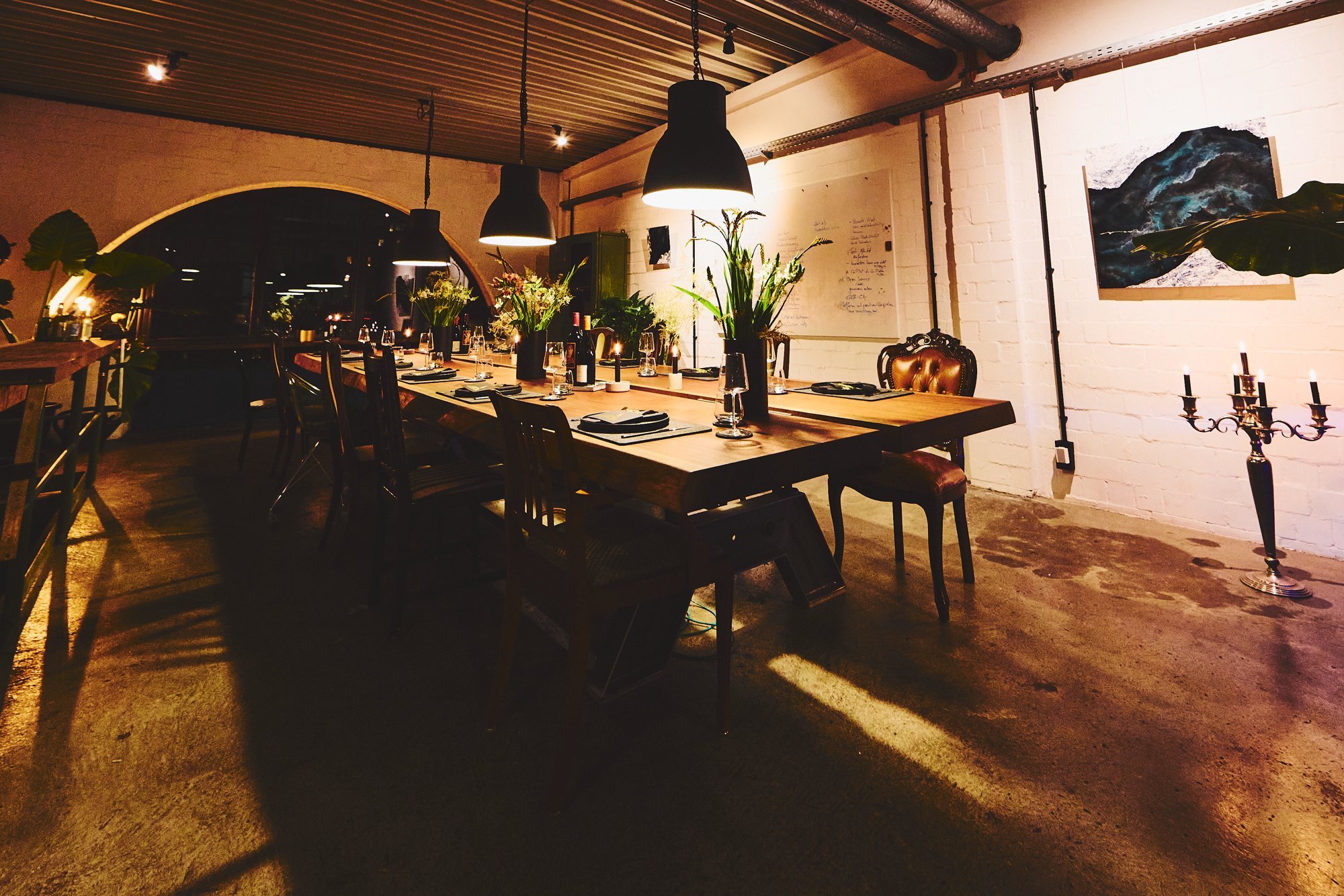 Dinner setup at the long table in the Lerche