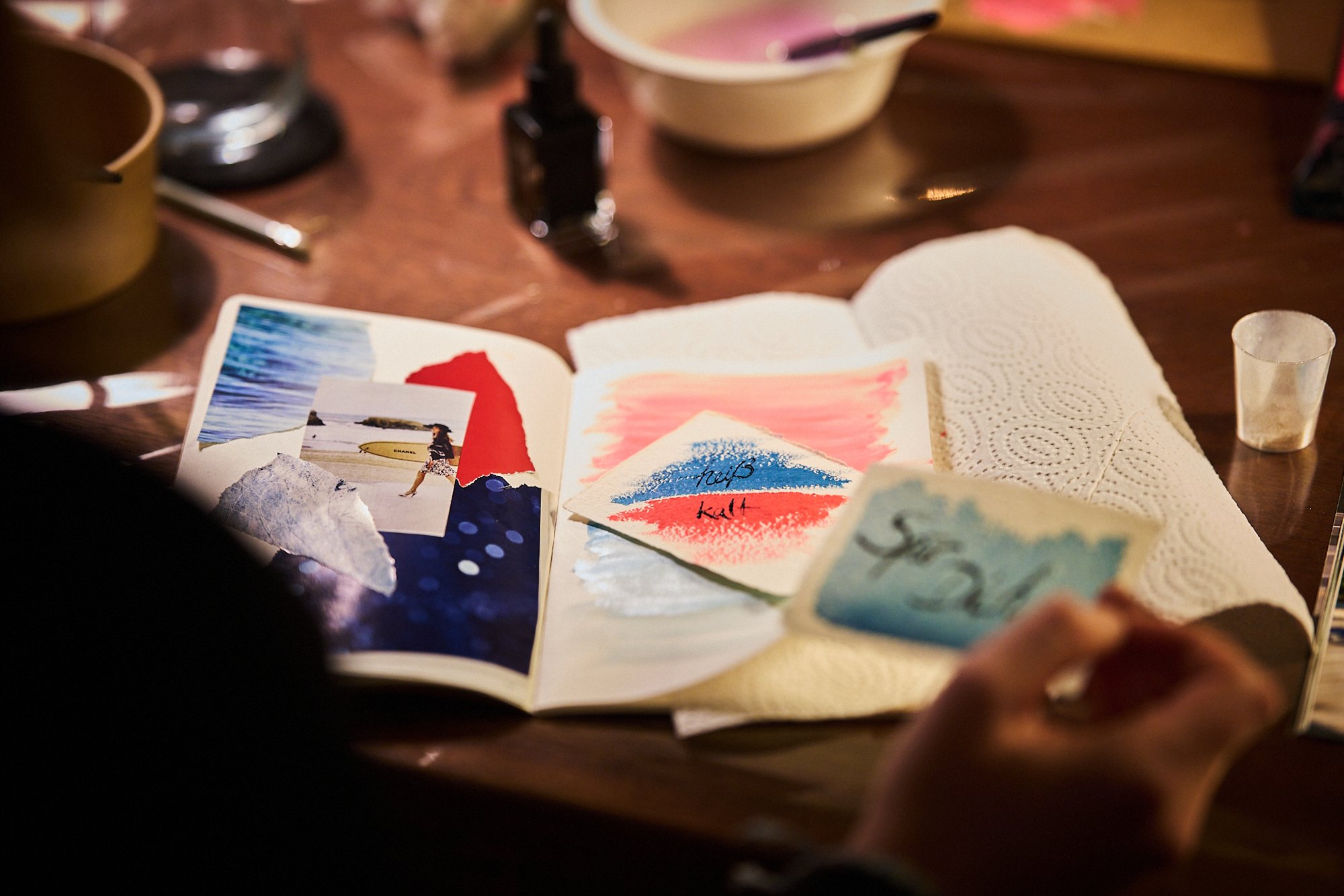 Creative workshop with sketches and collages on a table